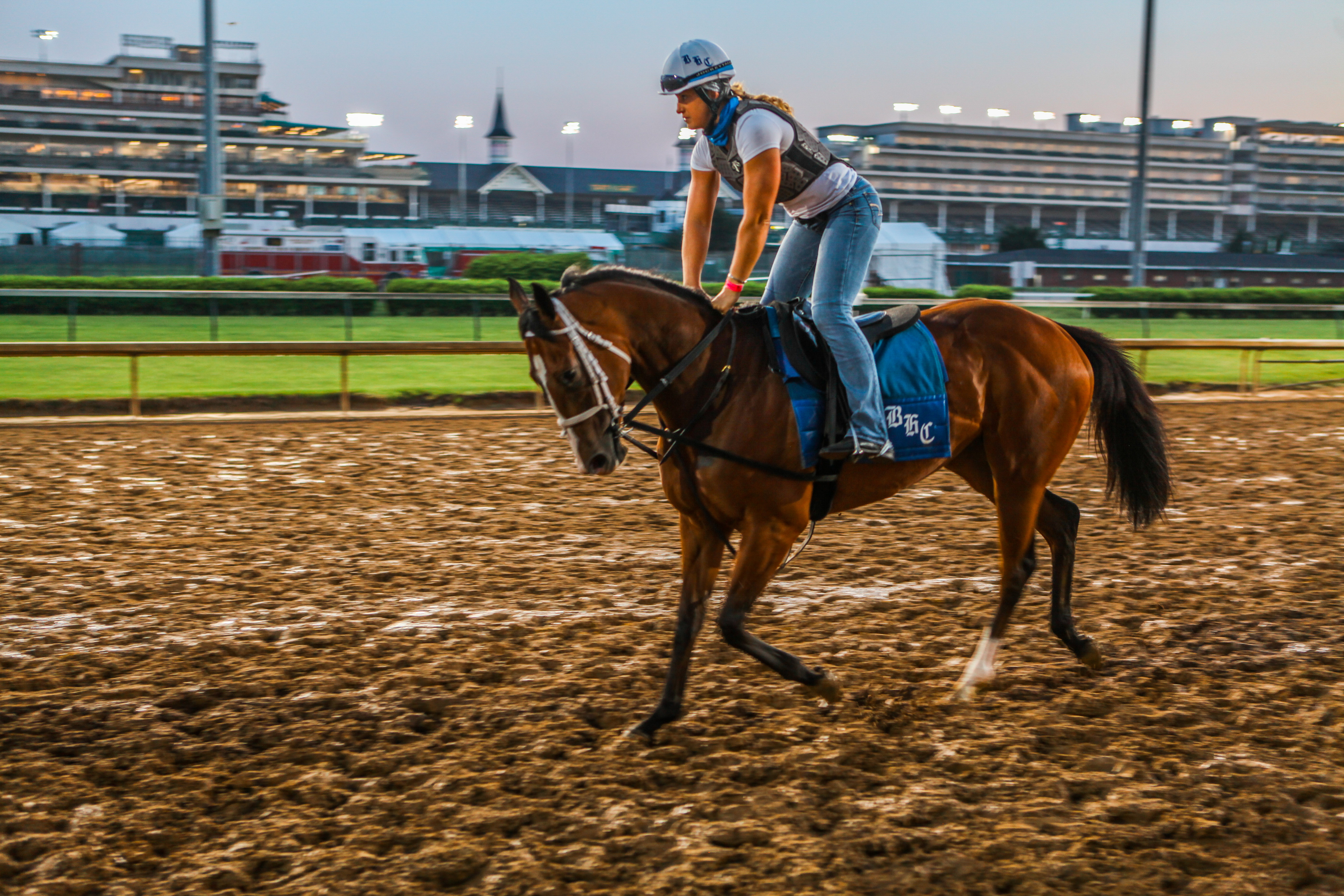 Horse and exercise rider on backside